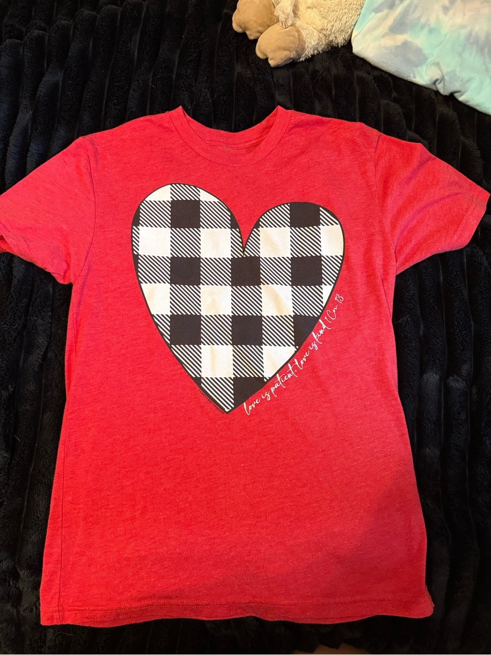 Women’s Red Heart plaid tee with bible verse